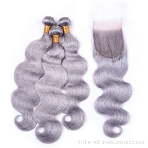hair extension products  Brazilian virgin hair grey silver body wave 10A lace frontal closure